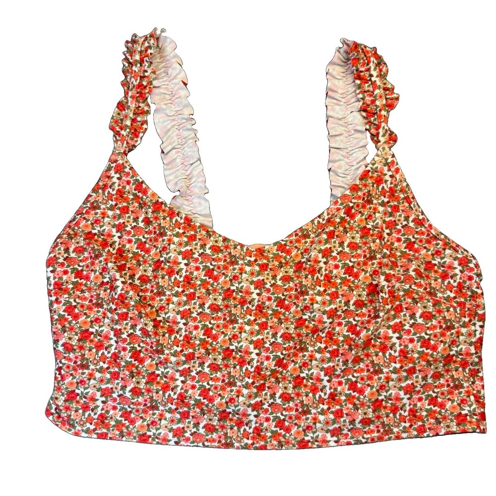 Aerie Floral Multicolored Long Line V-Neck Lined Bikini Top Sz XL Ruffle Straps